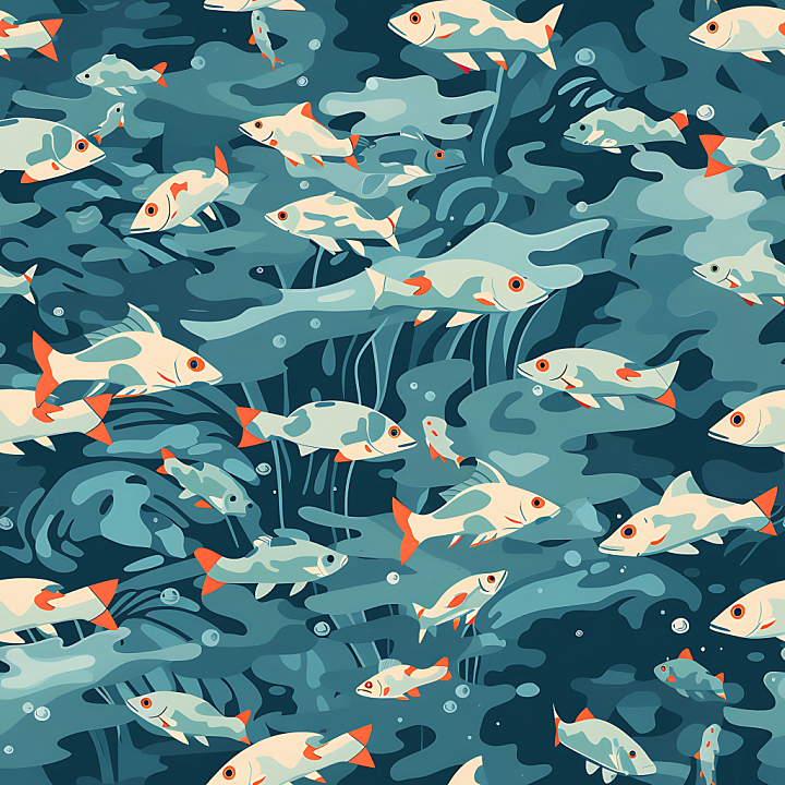 Aquatic Camouflage Featuring Stylized Fish and Underwater Motifs seamless PBR texture preview