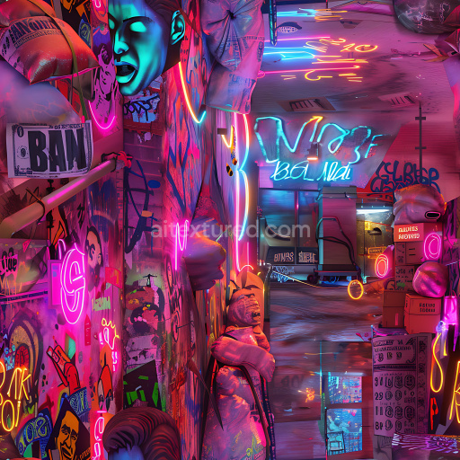 Seamless 3D PBR Texture Featuring Neon-Lit Vibrant Graffiti Wall Art