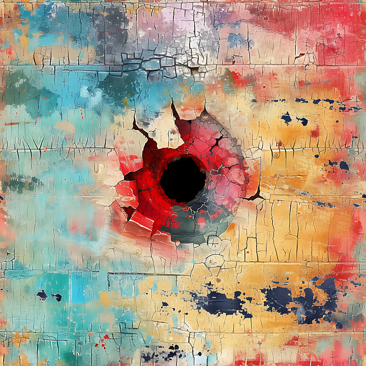 Cracked & Hole Featuring Colorful Weathered Paint with Central Crater seamless PBR texture preview