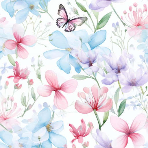 Seamless 3D PBR Texture of Soft Watercolor Flowers and Butterflies