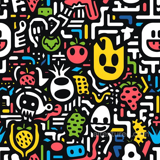 Seamless 3D PBR Texture Featuring Colorful Cartoon Graffiti with Bold Outlines texture preview