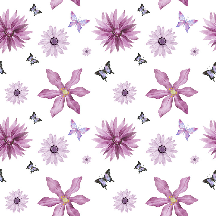 Floral Pattern Featuring Purple Flowers and Butterflies seamless PBR texture preview