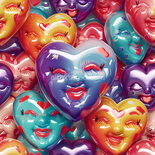 Seamless 3D Inflated Pop Art Heart Faces Vinyl PBR Texture in Vibrant Colors