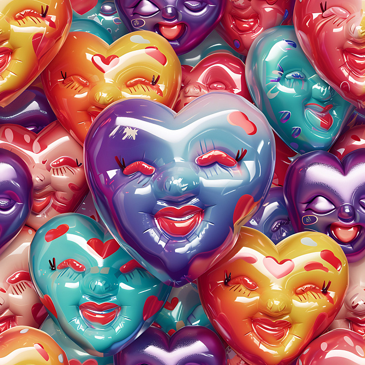 Inflated Heart-Shaped Vinyl Faces in Bright Colors seamless PBR texture preview