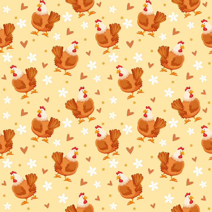Pattern with Playful Chicken Motifs and Whimsical Hearts seamless PBR texture preview