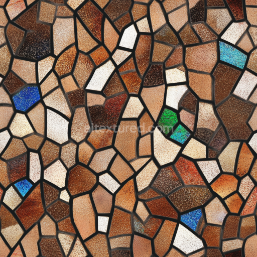 Seamless 3D mosaic PBR texture featuring earthy ceramic shards with colorful glass accents texture preview
