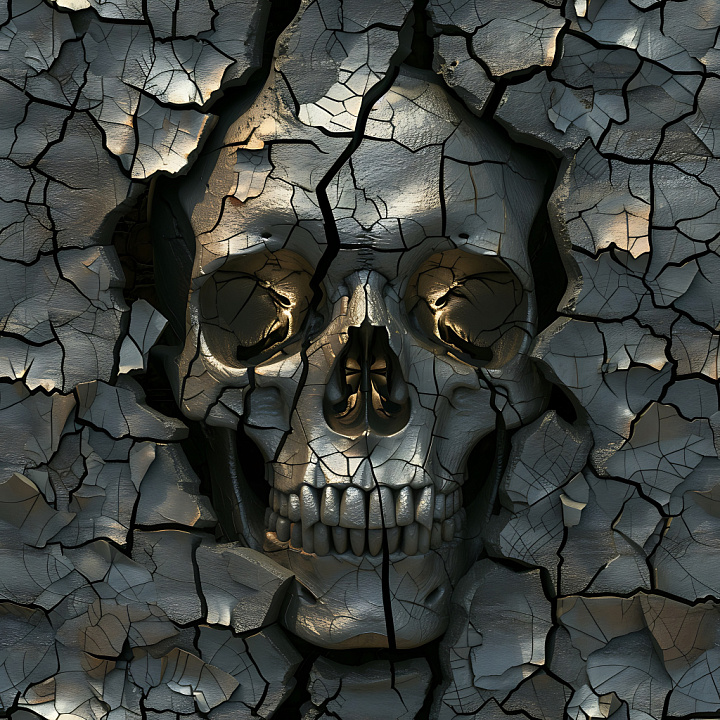 Cracked And Fractured Metallic Skull Surface With Dark Silvery Tones seamless PBR texture preview