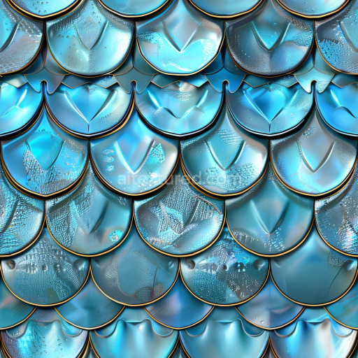 Seamless 3D PBR Texture Featuring Glossy Blue Overlapping Scales with Water Droplet Details
