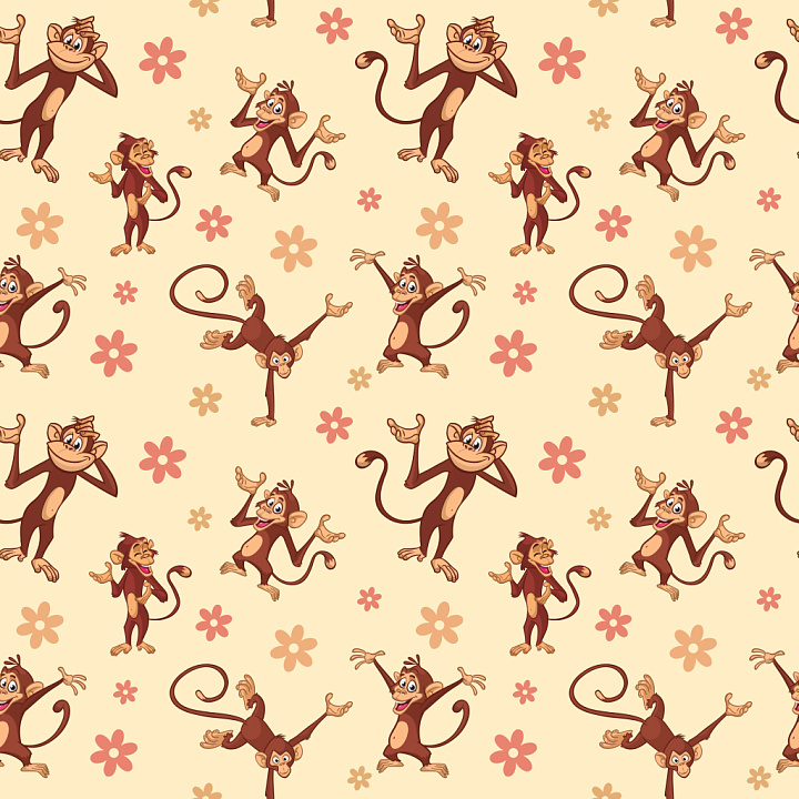 Pattern Featuring Playful Cartoon Monkey Characters and Floral Motifs seamless PBR texture preview