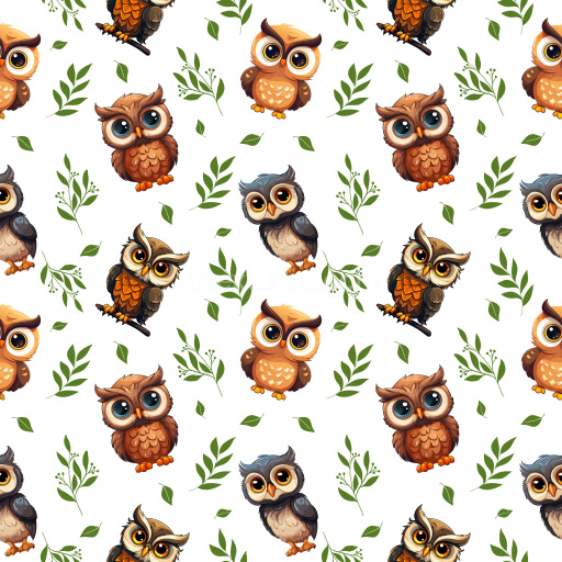 Pattern Bundle - Seamless 3D Pattern PBR Texture Featuring Cartoon Owl Motifs and Green Leafy Accents texture preview