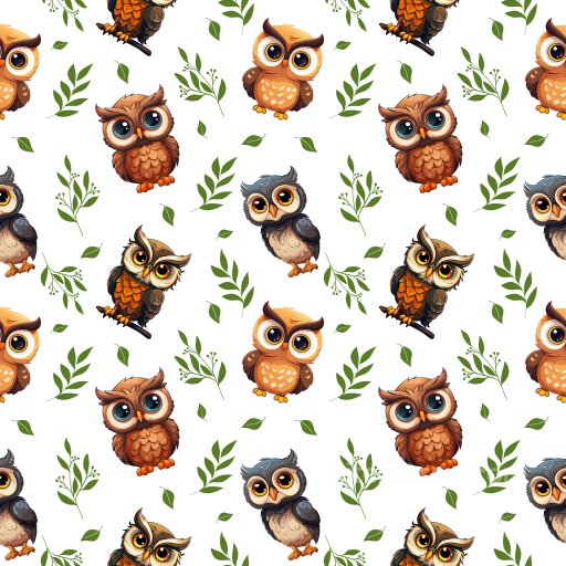 Pattern PBR Texture Featuring Cartoon Owl Motifs and Green Leafy Accents seamless Pattern Bundle PBR texture
