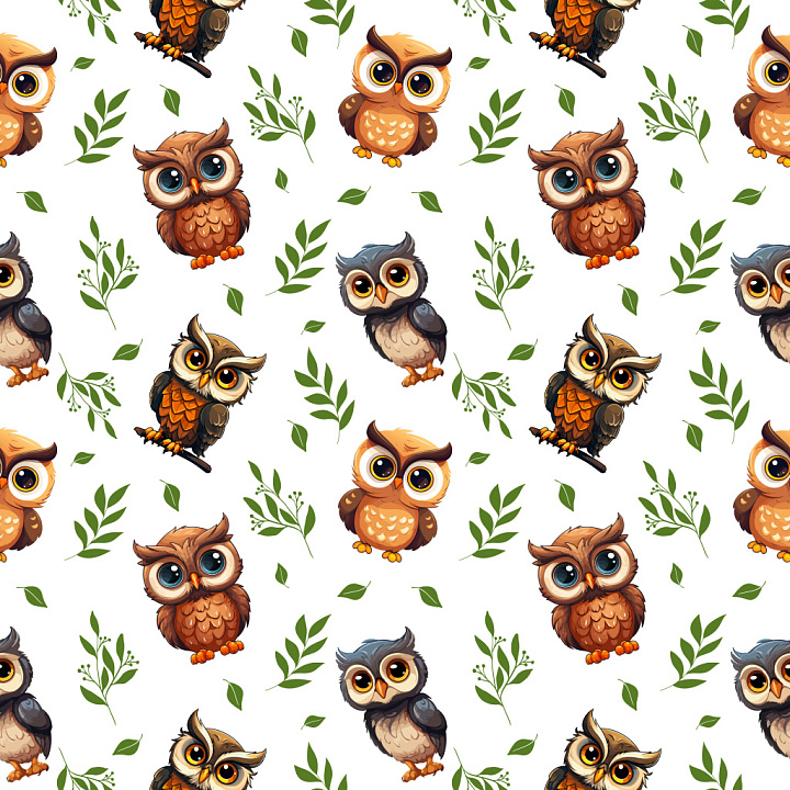 Pattern Featuring Cartoon Owl Motifs and Green Leafy Accents seamless PBR texture preview