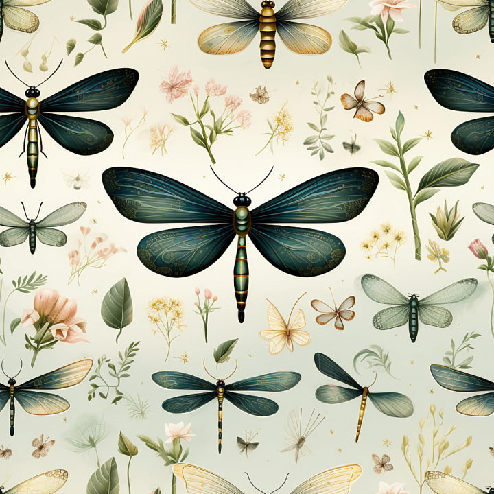 Dragonfly of Stylized Dragonflies and Botanical Elements with Soft Pale… seamless PBR texture preview