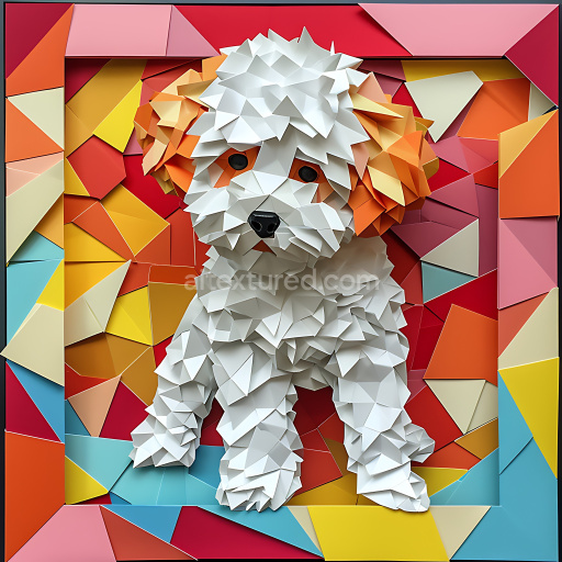 Seamless 3D PBR Texture Featuring Origami Style Bichon Frise Dog with Colorful Geometric Background