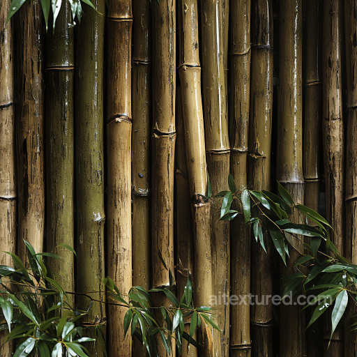 Glossy Natural Bamboo Culms Seamless Texture with Green Leaves seamless Bamboo PBR texture