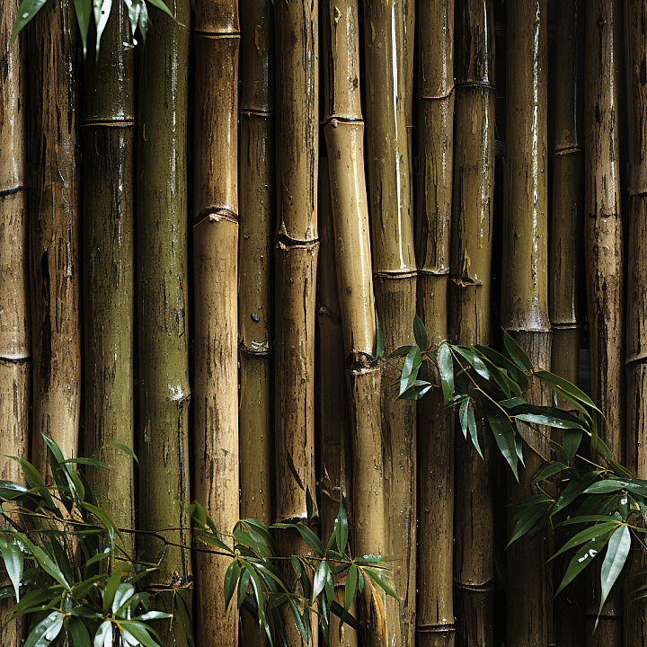 Glossy Natural Bamboo Culms with Green Leaves seamless PBR texture preview