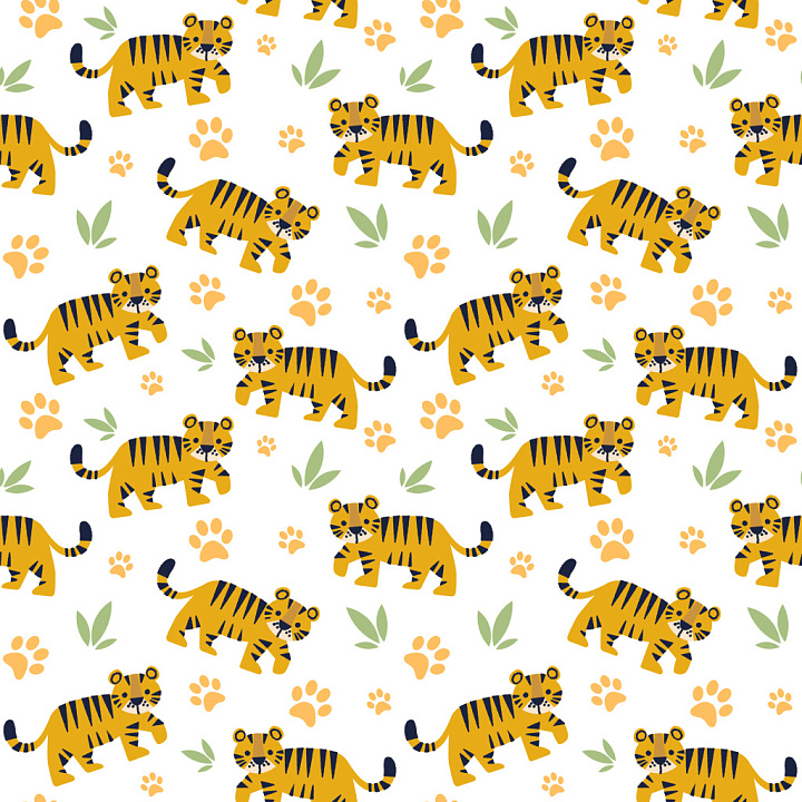 Pattern Featuring Cartoon Tigers and Paw Prints with Playful Motif seamless PBR texture preview