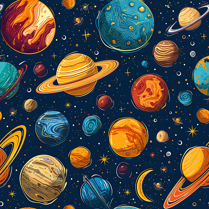 Space Featuring Stylized Cosmic Planets and Stars seamless PBR texture preview