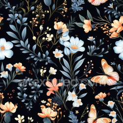 seamless Seamless 3D PBR Texture of Watercolor Floral Pattern with Butterflies on Dark Background texture 8k free download PBR