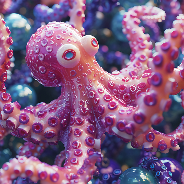 Inflated of Glossy Pink-Red Rubber Octopus Skin with Suckers seamless PBR texture preview