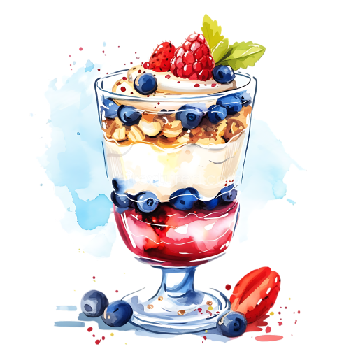 Breakfast Parfait Glass with Layered Yogurt, Nuts, and Fresh Berries Illustration