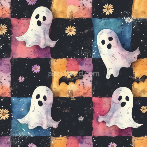 Seamless 3D PBR Watercolor Halloween Fabric Texture with Ghosts and Bats