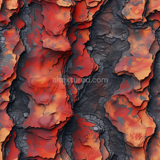 Seamless 3D cracked and peeling paint PBR texture with rusty orange and black layers