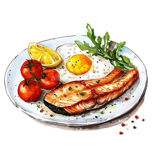 Breakfast Plate with Grilled Salmon Steak, Fried Egg, Cherry Tomatoes, and Lemon Slice Illustration