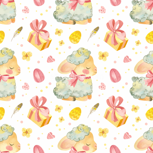 Seamless 3D PBR Digital Paper Texture with Watercolor Lamb, Easter Eggs, and Gifts