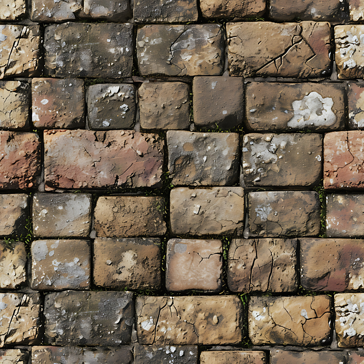 Weathered Stone Brick Wall with Moss and Cracks seamless PBR texture preview