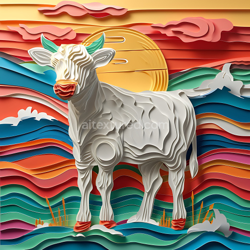 Seamless 3D PBR Texture Featuring Stylized White Highland Cow with Origami Cutout Layers
