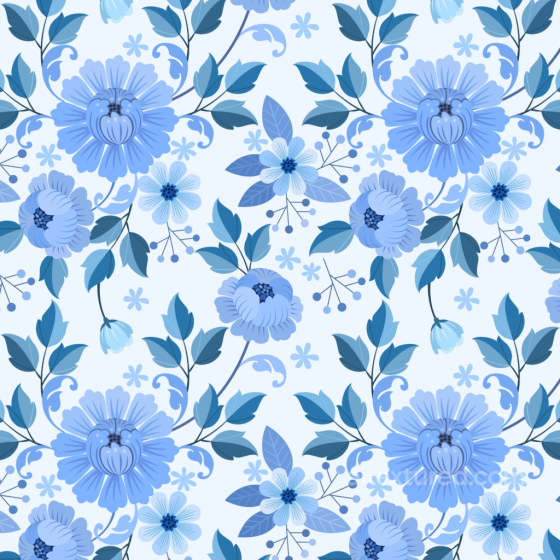 Seamless Blue Floral Pattern 3D PBR Texture with Stylized Leaves and Flowers Floral texture preview