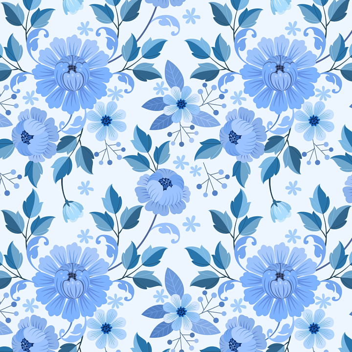 Blue Floral Pattern with Stylized Leaves and Flowers seamless PBR texture preview