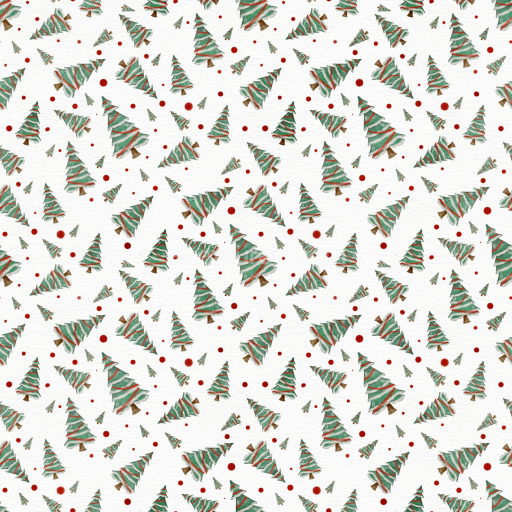Seamless 3D PBR Texture of Watercolor Christmas Trees with Red Dots on Paper