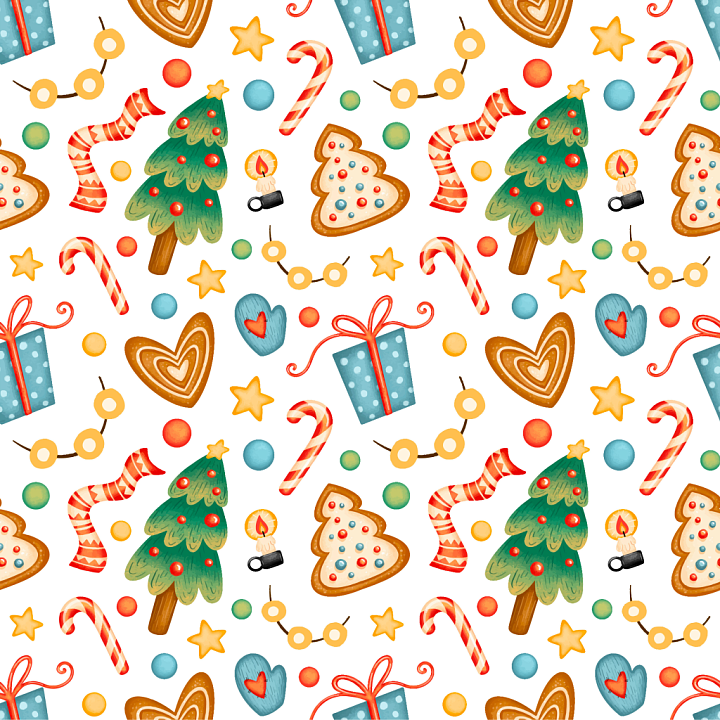 Featuring Hand-Painted Christmas Icons on White seamless PBR texture preview