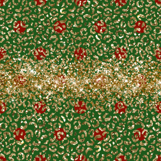 Seamless 3D PBR Texture of Gold Glitter Leopard Print on Green Fabric with Red Accents