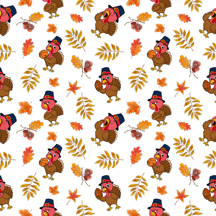 Pattern Featuring Playful Cartoon Turkeys and Autumn Leaves seamless PBR texture preview