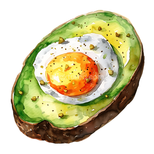 Breakfast Graphic of Baked Avocado Half with Fried Egg in Watercolor Style