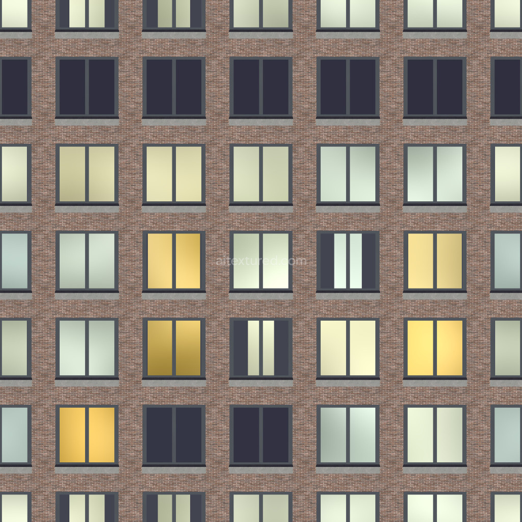 Seamless PBR facade texture with windows and brick pattern