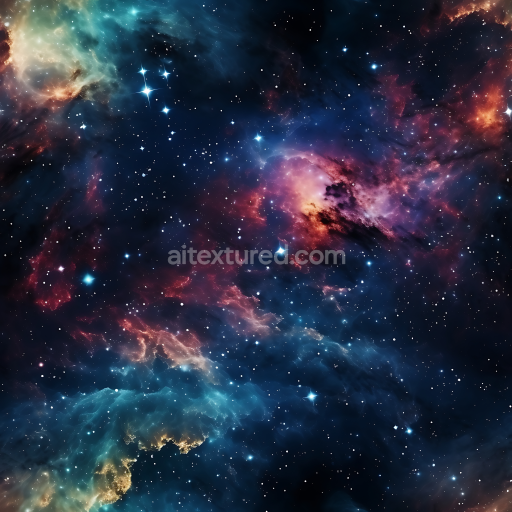 Seamless 3D Space PBR Texture Featuring Vivid Nebula and Glowing Starfield