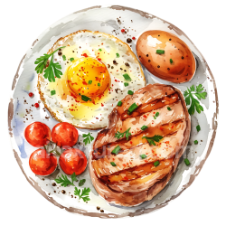seamless Watercolor Style Chicken Steak Breakfast with Fried Egg and Cherry Tomatoes texture 8k free download PBR