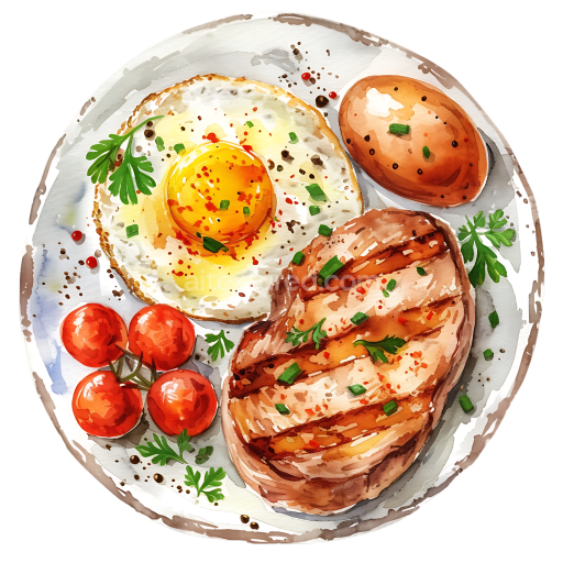 Watercolor Style Chicken Steak Breakfast with Fried Egg and Cherry Tomatoes