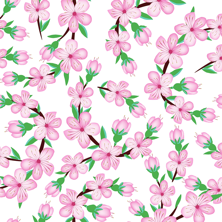Watercolor Cherry Blossoms with Floral Pattern seamless PBR texture preview