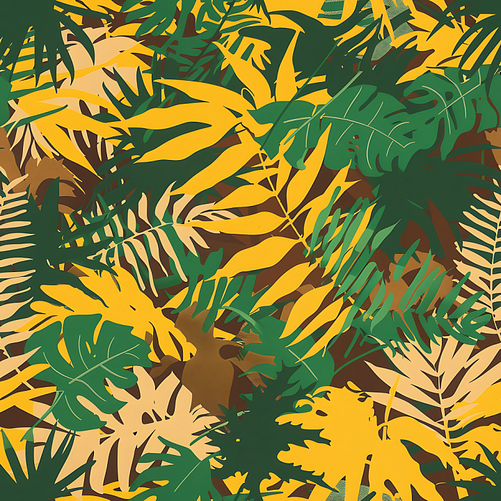 Tropical Jungle Camouflage Leaf Pattern in Green and Yellow seamless PBR texture preview