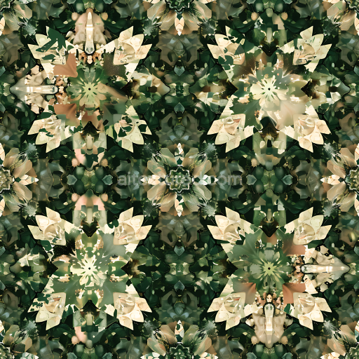 Seamless 3D Stylized Jungle Camouflage PBR Texture with Floral Motifs and Organic Shapes