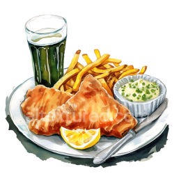 seamless Fish and Chips Breakfast Plate Illustration with Creamy Sauce and Lemon texture 8k free download PBR