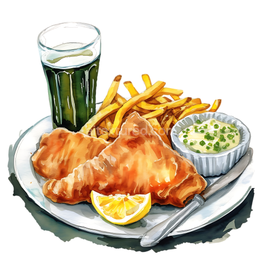 Fish and Chips Breakfast Plate Illustration with Creamy Sauce and Lemon