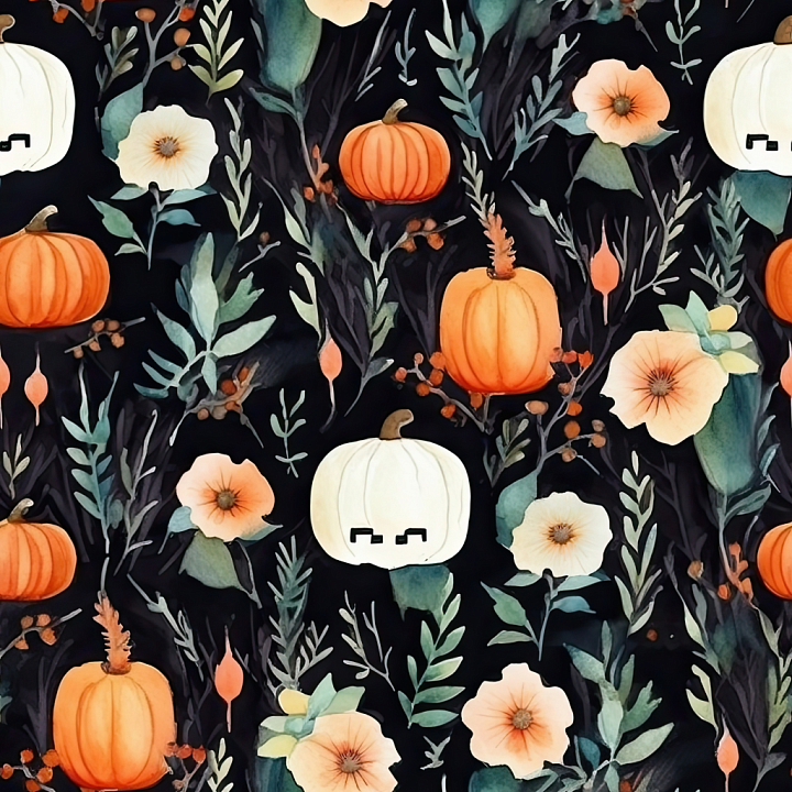 with Watercolor Pumpkins and Floral Halloween Motifs seamless PBR texture preview