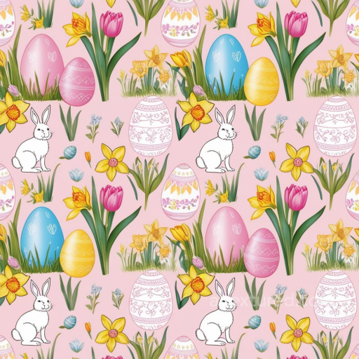 Easter Digital Paper Texture with Pastel Eggs, Bunnies & Flowers seamless All Easter Digital paper PBR texture