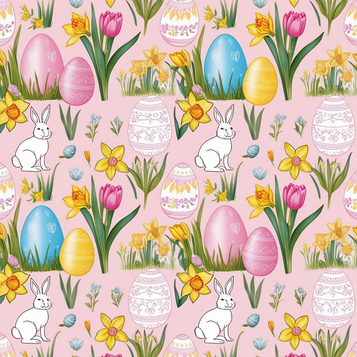 Easter Digital Paper with Pastel Eggs, Bunnies & Flowers seamless PBR texture preview